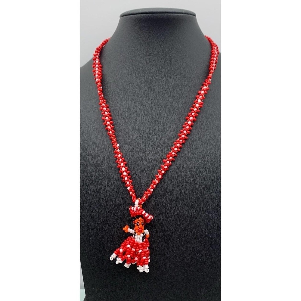 Vintage Mexican Pendant Necklace Red White Folk Art Beadwork Ethnic‎ Jewelry 16"